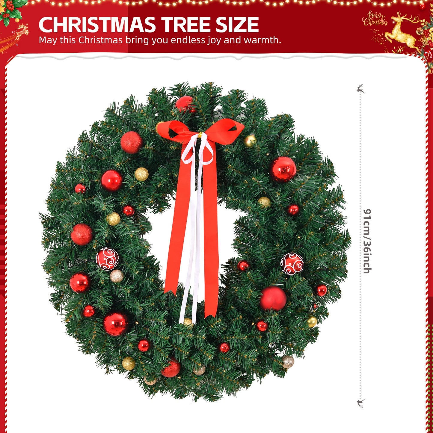 36in Pre-lit Battery Christmas Wreath, Lighted Artificial Xmas Wreath with 80 Warm Lights and 270 PVC Tips and 18 DIY Ornaments