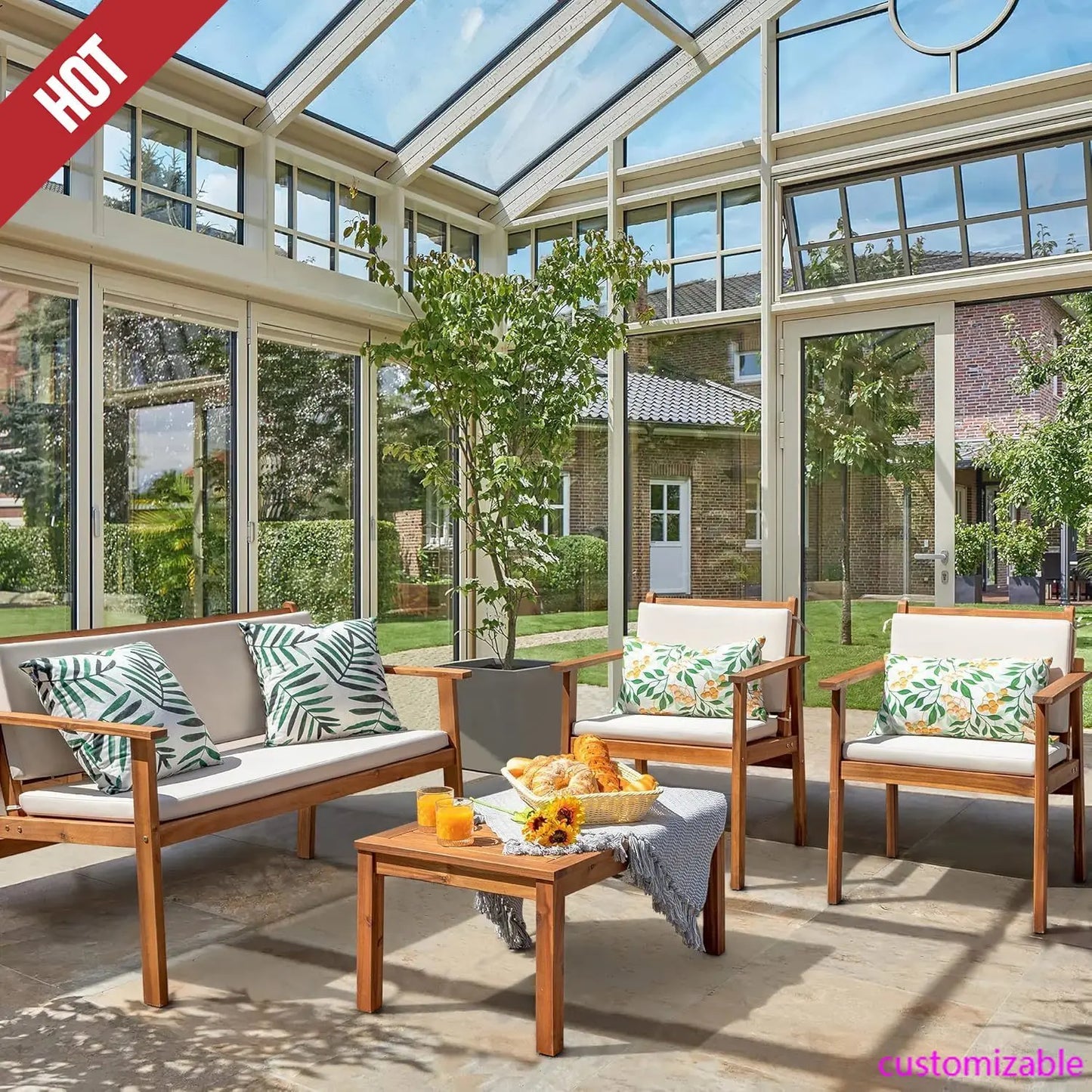 Patio Furniture 4 Piece Acacia Wood Outdoor Conversation Sofa Set for Garden, Deck, Backyard, Natural