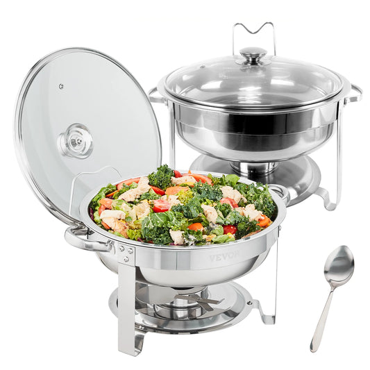 SucceBuy 4QT 2-Pack Round Chafing Dish Set Stainless Steel Buffet Chafer w/Full Size Pan Glass Lid  Fuel Holder Catering Warmer