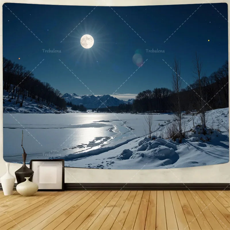 1pc Wall Tapestry "Starry Night Snowscape Tapestry - Full Moon Over Winter Lake"
