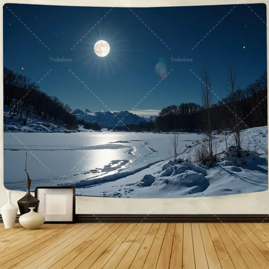 1pc Wall Tapestry "Starry Night Snowscape Tapestry - Full Moon Over Winter Lake"