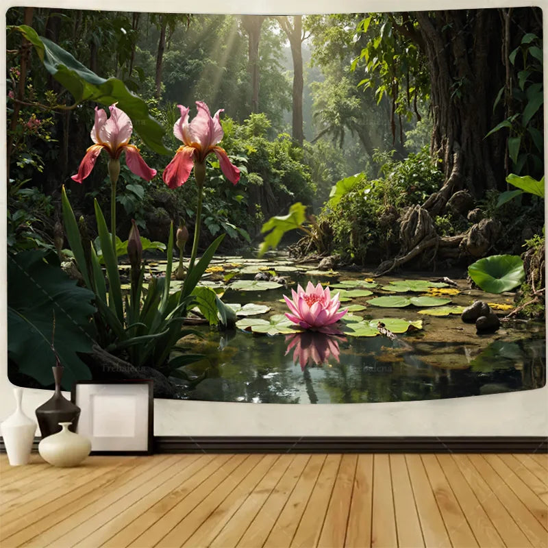 1pc Wall Tapestry "Winter Wonderland Tapestry - Snowy Forest & River Scene"