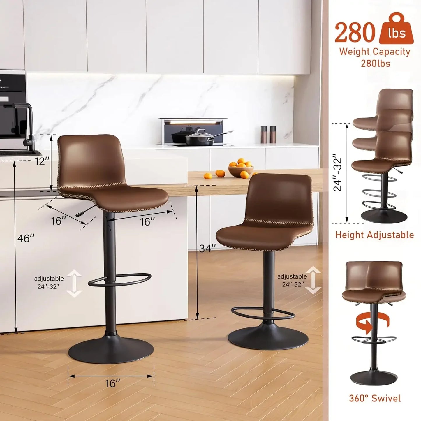 Swivel Bar Stools Set of 4, Counter Height  Stools with Back, Adjustable Stools 24" to 32", Brown Faux Leather Bar Chairs