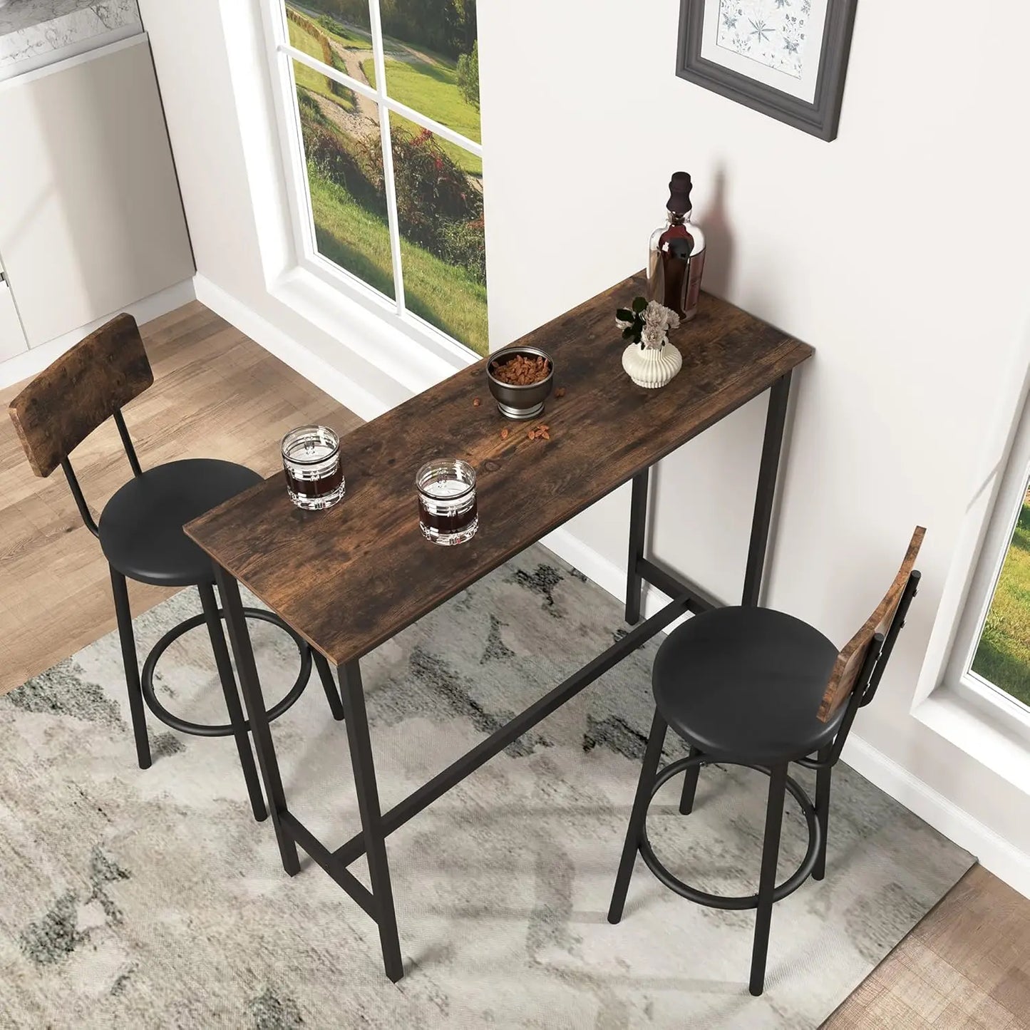 Bar Table and Chairs Set, Counter Height Dining Table & 2 PU Upholstered Stools with Backrest, Industrial 3 Piece Breakfast Bar