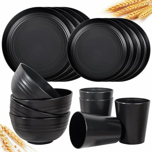 Liyh 16 Pcs Bla Wheat Straw Dinnerware Set - Unbreakable Plates And Bowls Set, Dish Set For 4, Bla Plastic Dinnerware Set Lude