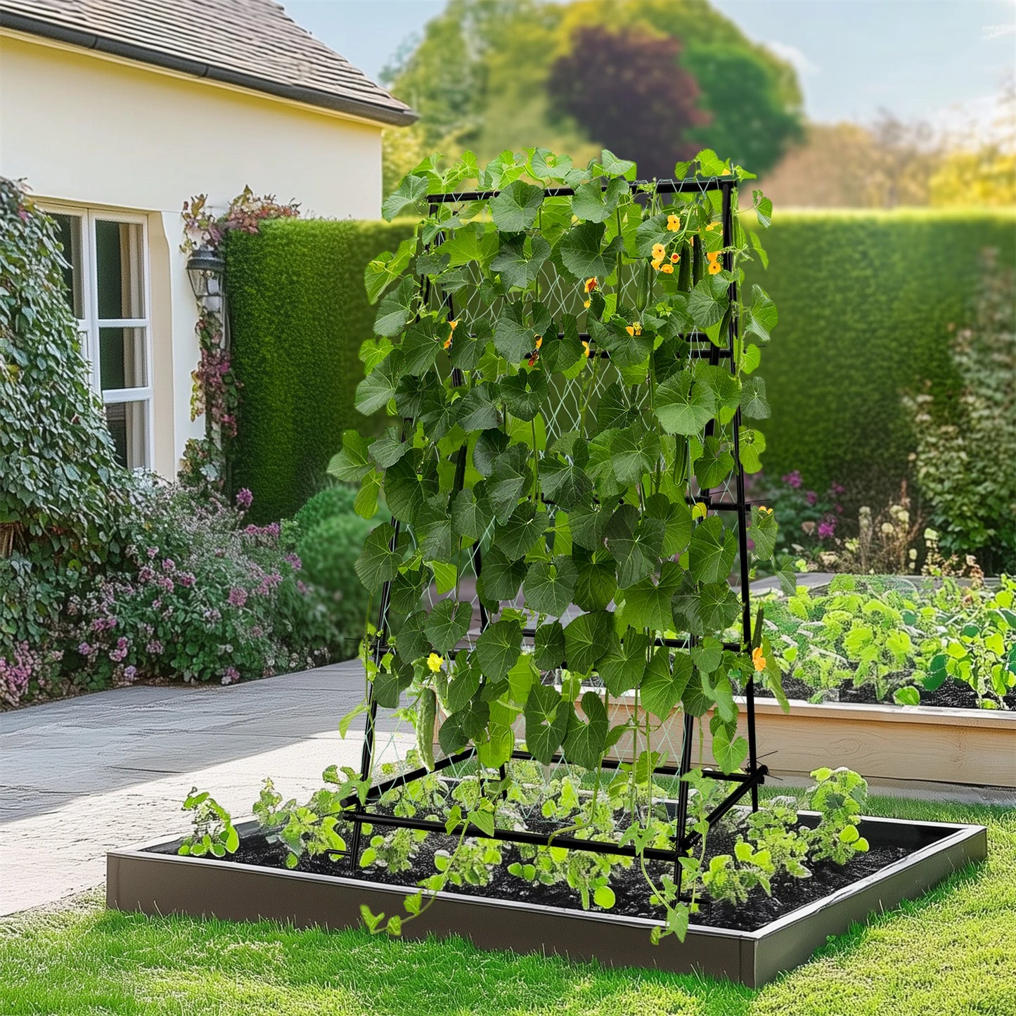 A-Shaped Garden Trellis Climbing Plants Grow Support Frame with Nylon Netting for Beans, Grape Vine, Cucumber, 105CM Tall