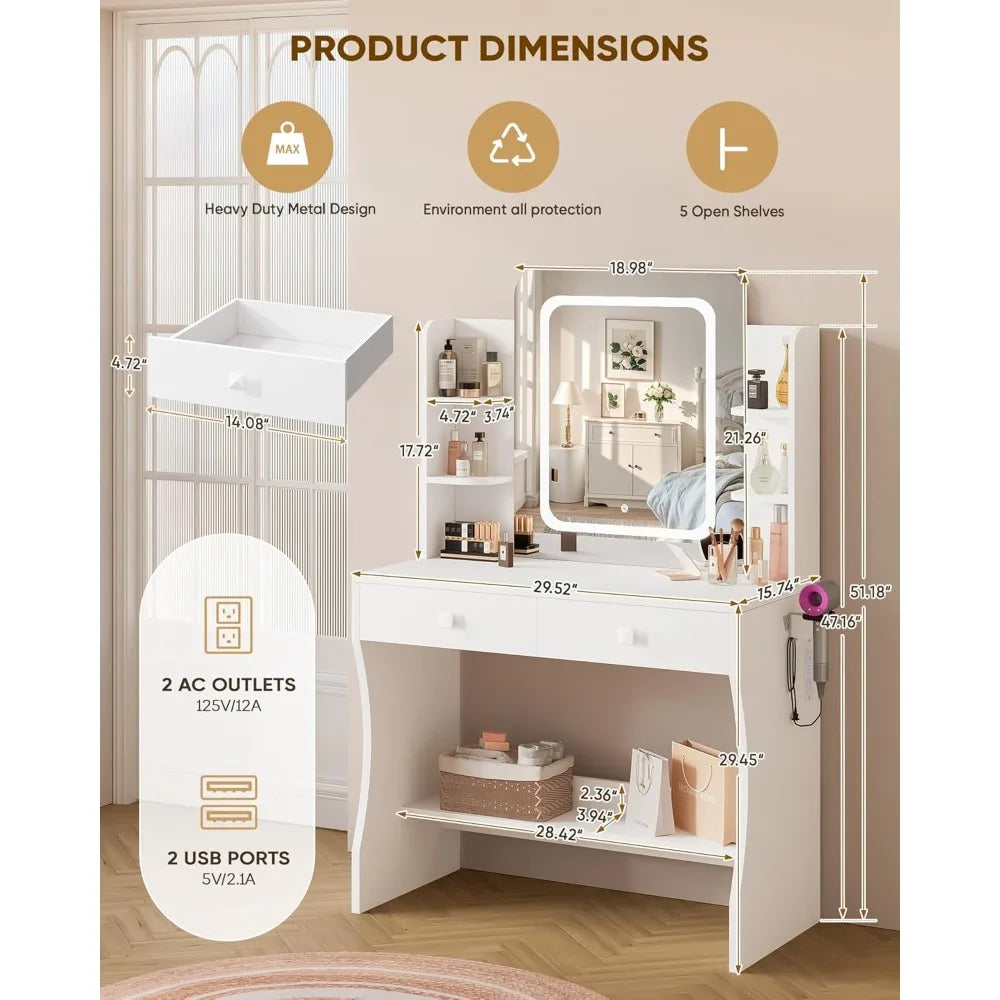 Dressing Table with Smart LED Mirror - Small Vanity Desk, 2 Drawers, 5 Shelves & Power Outlet