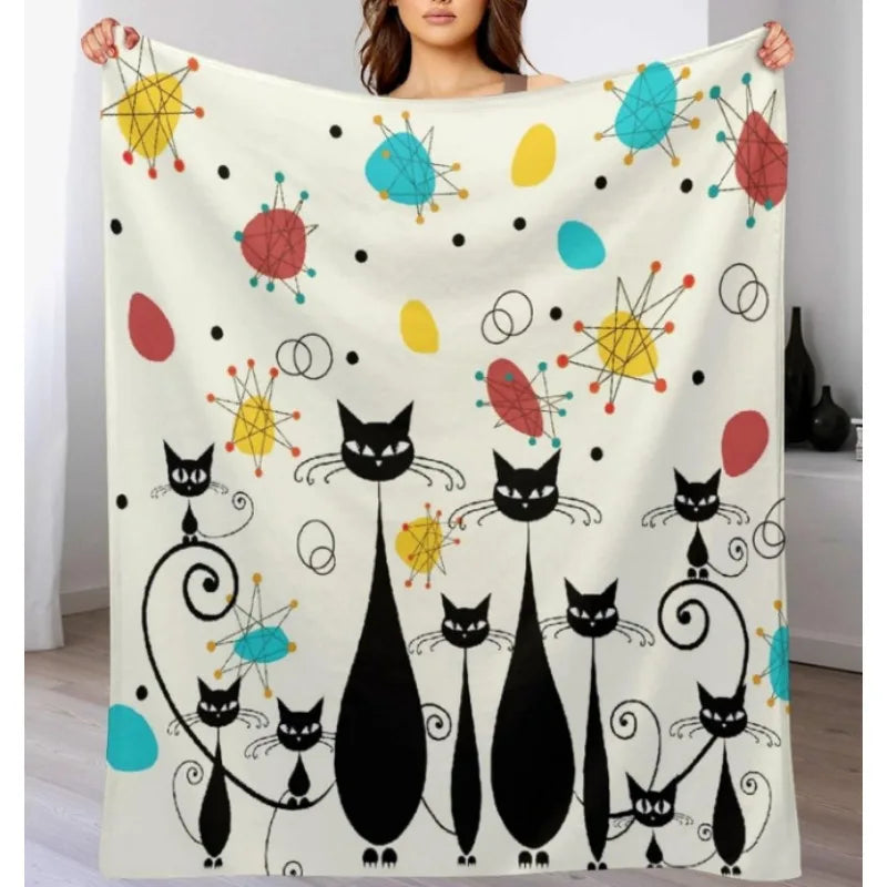 Mid-Century Modern Throw Blanket, Atomic Black Cat Starburst Iconic Satellite Retro Abstract Geometric Throw Blanket