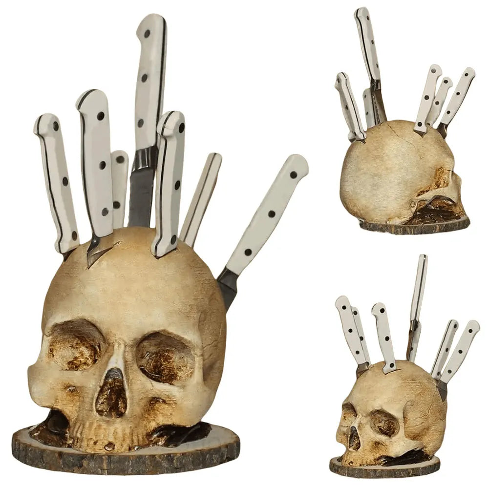 Skull Knife Holder Resin Skeleton Knife Stand Creative Fruit Chopping Knife Stand Halloween Party Decoration