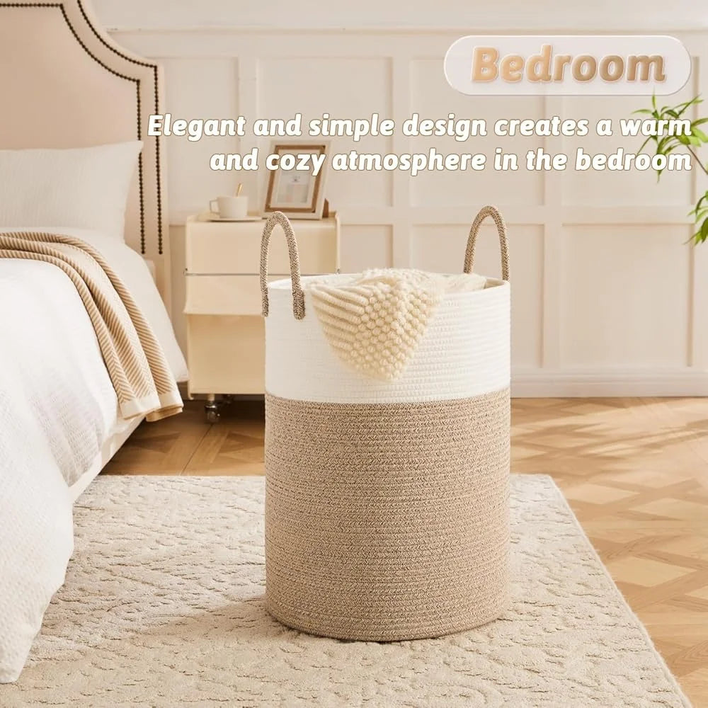 Woven Cotton Rope Laundry Basket Storage Hamper Dirty Clothes Toys Blankets Ideal Bathroom Baby Room Easy to Clean Collapsible
