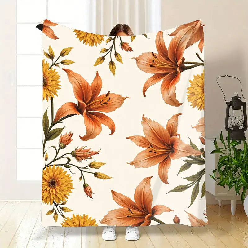 1pc Flannel Blanket Autumn Floral Print Throw Blanket for Cozy Home Decor