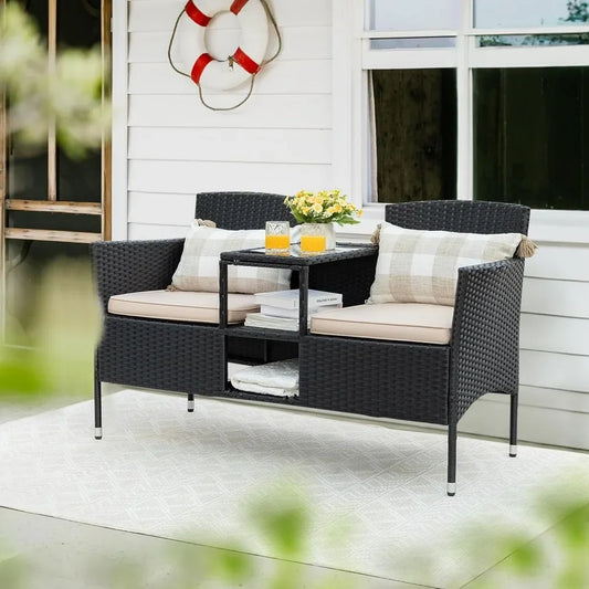 Outdoor Furniture Patio Loveseat Wicker Seat with Built-in Table and Cushions Rattan Porch Chairs Bench for Balcony, Lawn