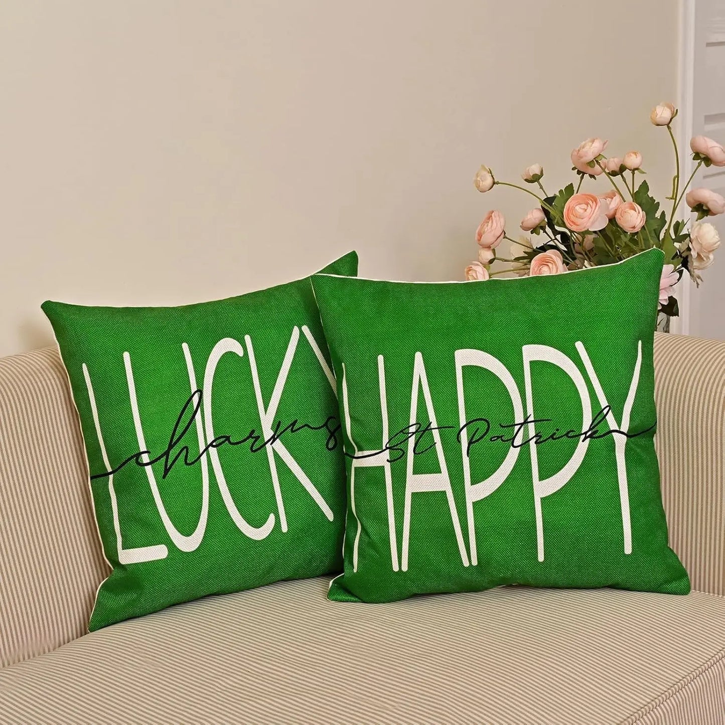 St Patricks Day Decor-Throw Pillow Covers 18x18 in Set of 4,Shamrock Linen Pillow Case with Green Hat Irish Couch  Home Indoor