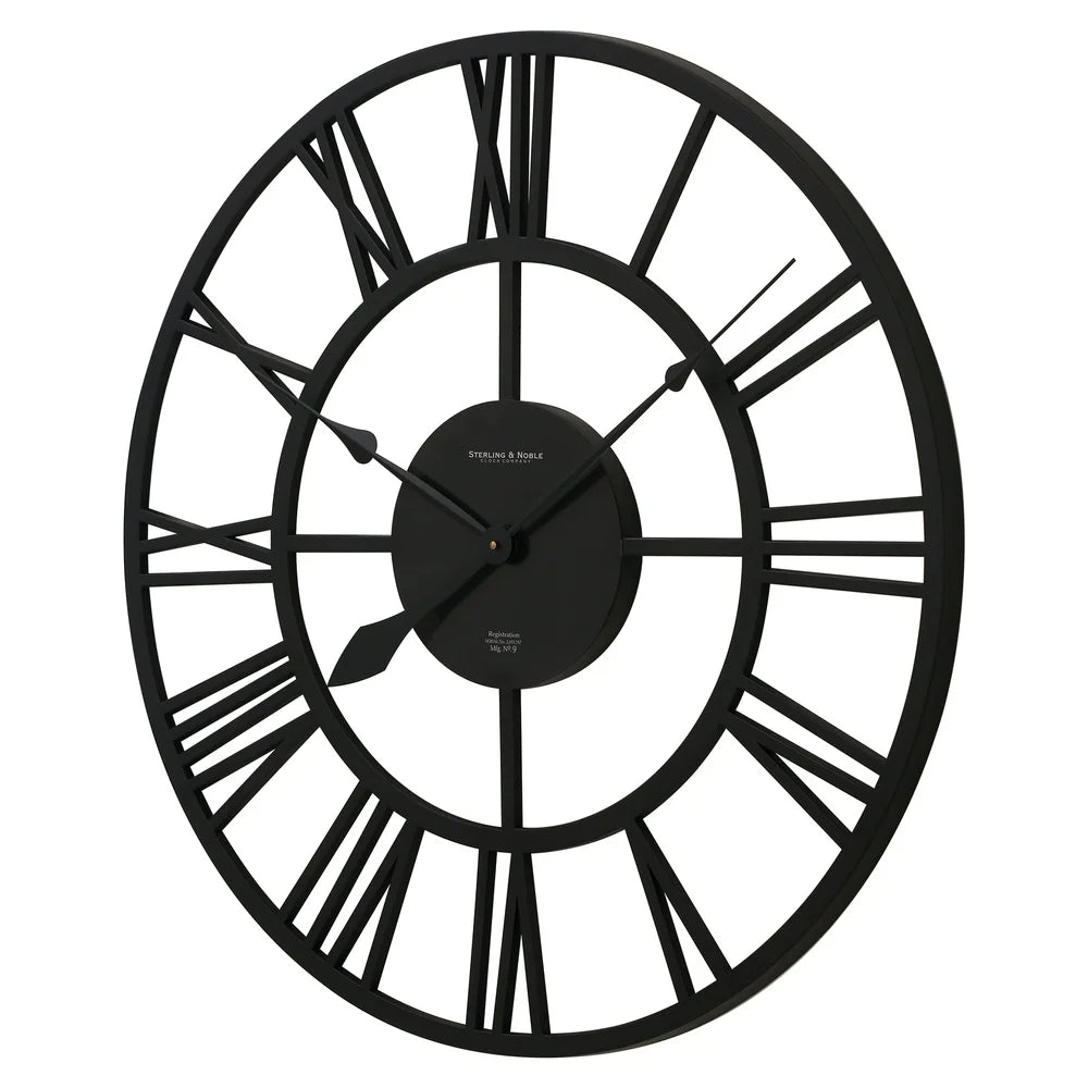 30inch Decorative Wall Clock Roman Numeral Design Battery Operated Elegant Matte Black Durable Home Accent Easy Installation