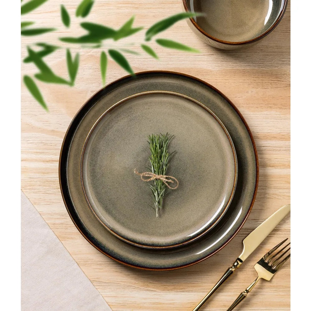 Handcrafted Terra Ceramic 8-Person Dinnerware Set with 24 Reactive Glazed Pieces, Including Plates and Bowls, Durable and Oven-S