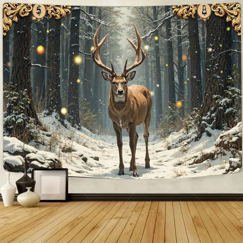 1pc Wall Tapestry "Enchanted Forest Deer Tapestry - Winter Wonderland Wall Art"