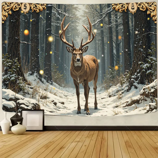 1pc Wall Tapestry "Enchanted Forest Deer Tapestry - Winter Wonderland Wall Art"