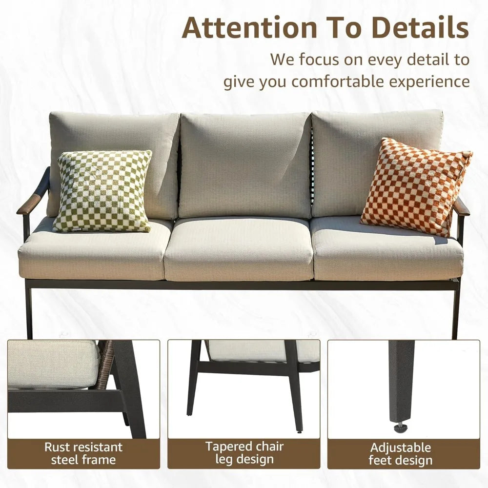 Patio Sofa Outdoor Furniture Metal Chair with Wicker Backrest & 6 Inches Cushion for Indoor, Front Porch, Deck,Balcony, Backyard
