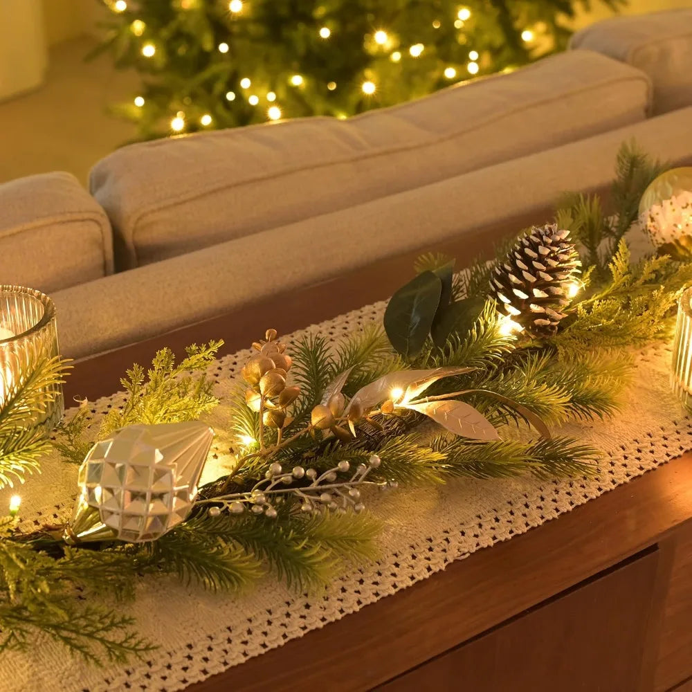 9 Feet Long Pre-lit Artificial Greenery Christmas Garland with Pinecone and Gold Accents, Festive Holiday Decorations
