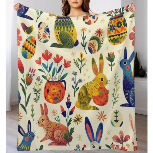 Bunny Easter Egg Wildflower Flannel Blanket, Colorful Floral Soft Warm Flannel Blanket for Sofa Bed