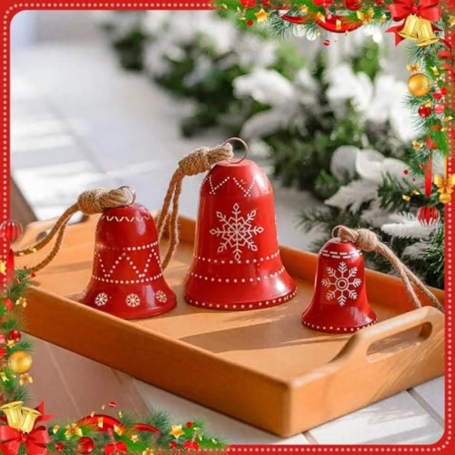 3 Set Christmas Snowflake Cow Bells Decor Large Red Metal Bell Ornaments for Rustic Holiday Outdoor Home Decoration Winter Wind