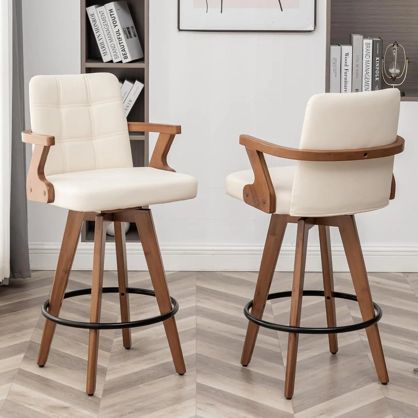 26” Counter Height Bar Stools,Leather Upholstered Bar Chair, Swivel Bar Stools with Back and Arms，Industrial Style Barstool Se