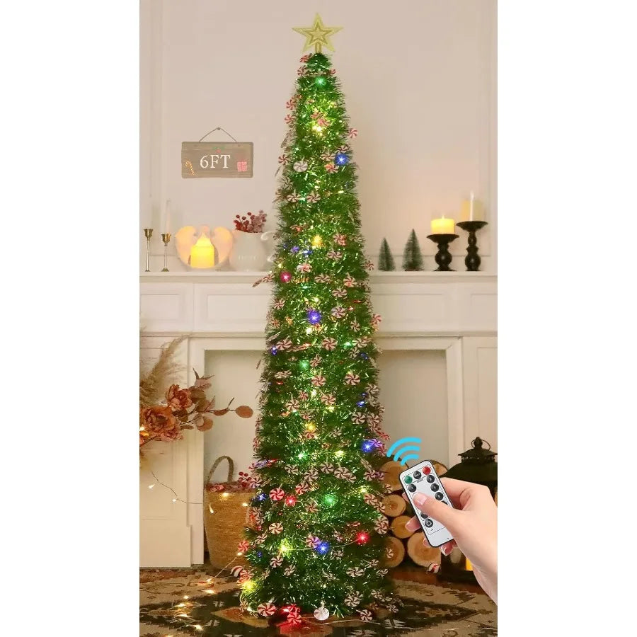 6 FT Pop Up Tinsel Christmas Tree with 100 Colored Timer Lights Remote Control Green Candy Collapsible Artificial Pencil Tree f