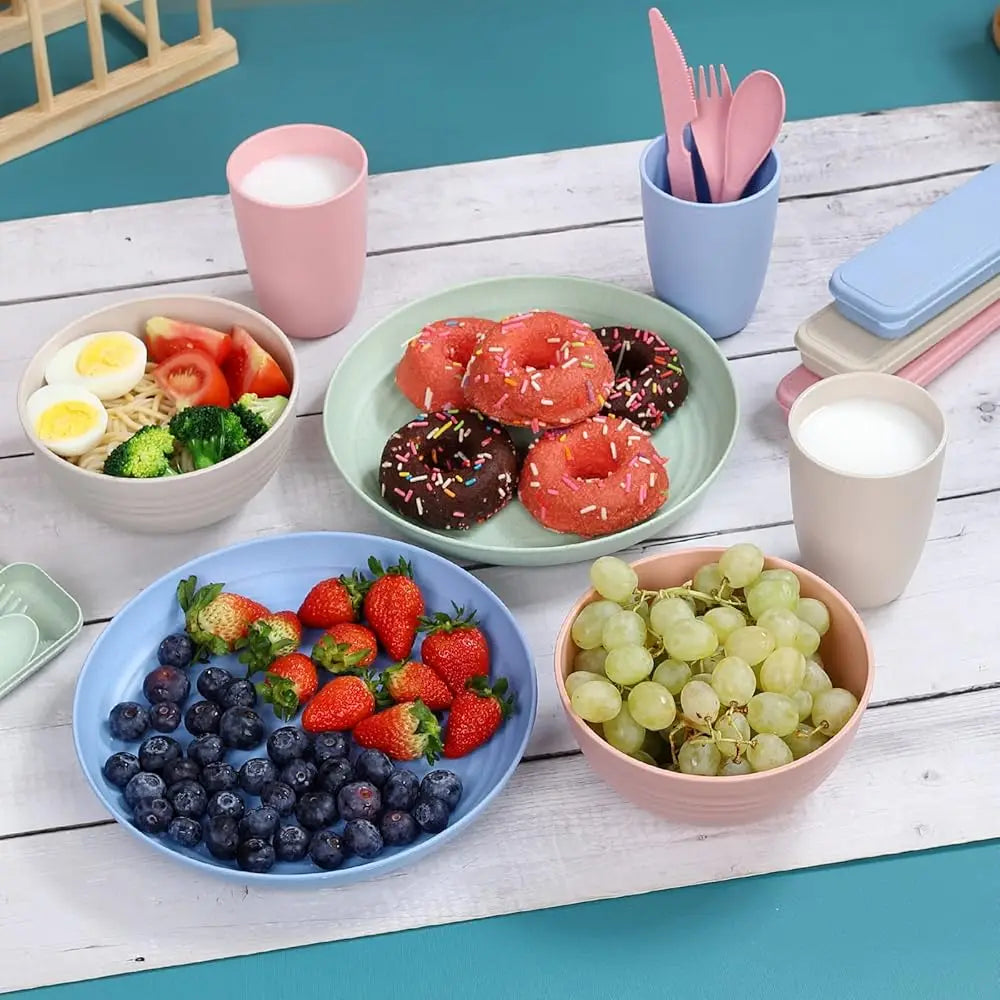 Wheat Straw Dinnerware Sets For 4, Wheat Straw Plates And Bowls Sets Kitchen Dishes 28Pcs College Dorm Room Entials Cutlery Set