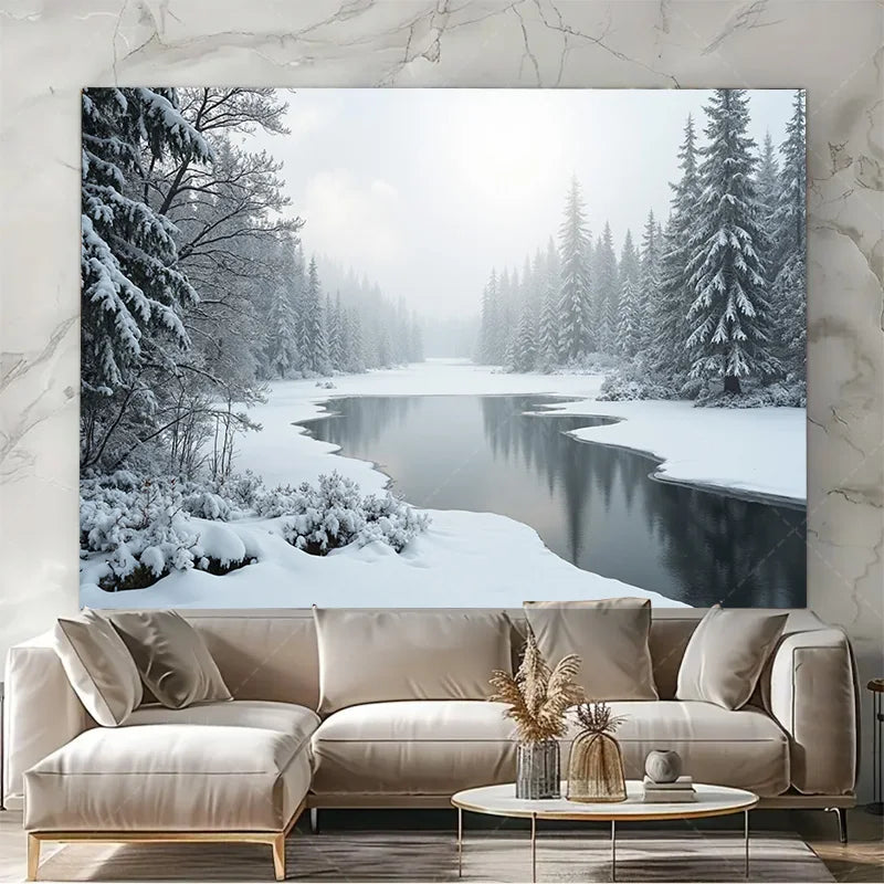 1pc Wall Tapestry "Winter Wonderland Tapestry - Snowy Forest & River Scene"