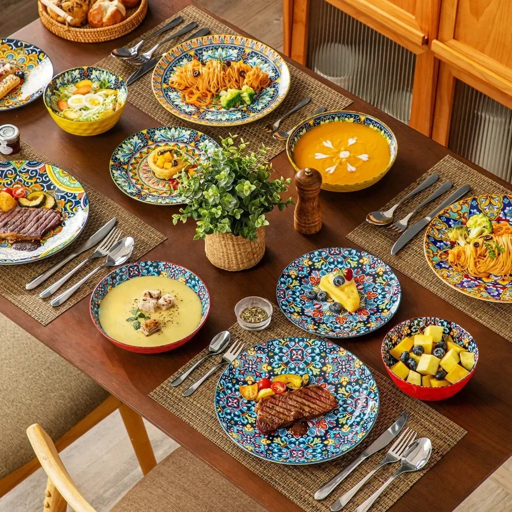 vancasso 12/16/24 Piece Ceramic Dinnerware Bohemia Retro Ceramic Dinnerware Set Free US Shipping Vibrant Colors Plates Bowls
