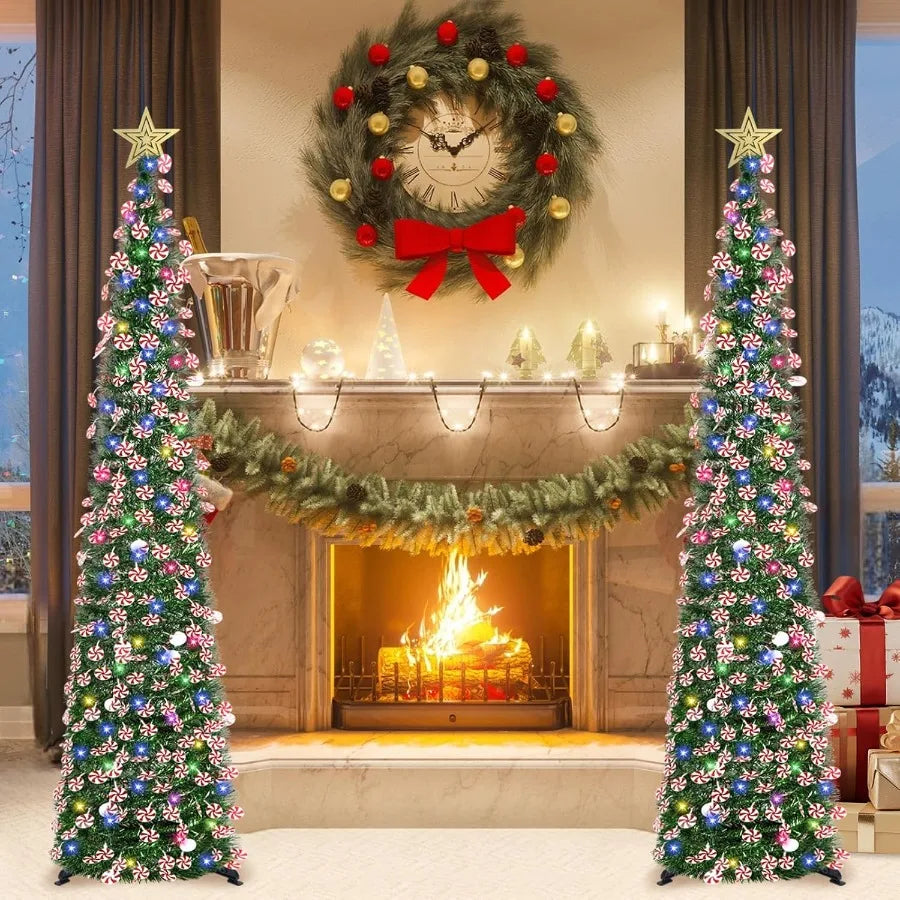 6 FT Pop Up Tinsel Christmas Tree with 100 Colored Timer Lights Remote Control Green Candy Collapsible Artificial Pencil Tree f