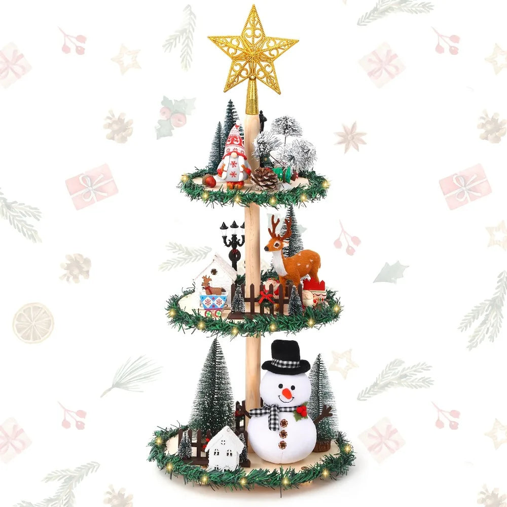 23.6" Wooden Christmas Tree Tiered Tray Decor Set with Golden Star & Garland, Holiday Table Centerpiece, Farmhouse Xmas Decor