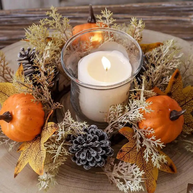 Fall Candle Ring 9.8Inch Maple Leaves Harvest Day Wreath Ring Holder Small Wreath Pillar Candle Holder Farmhouse Wreath Festival