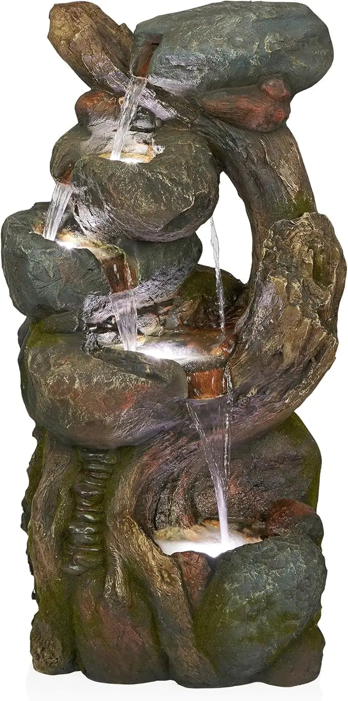 51 inch outdoor 6-story fountain with LED lights and natural stone appearance, suitable for gardens, rock waterfall fountains