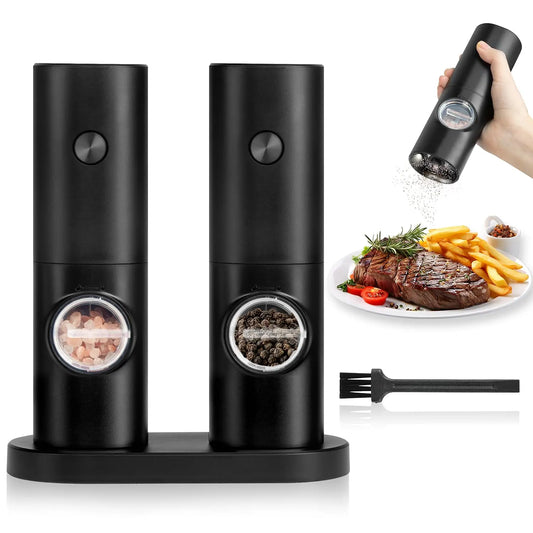Electric Salt and Pepper Grinder Set, Adjustable Coarseness One Hand Operation, Battery Powered with LED Light and Stand,