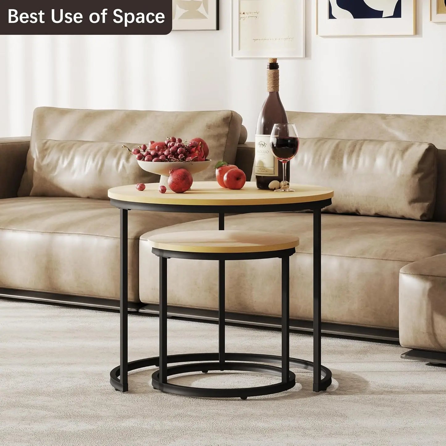 Nesting Tables Set of 2, Round Coffee Table, Small Nesting Coffee Table with Adjustable Non-Slip Fee, Wood Grain Top Nesting Tab