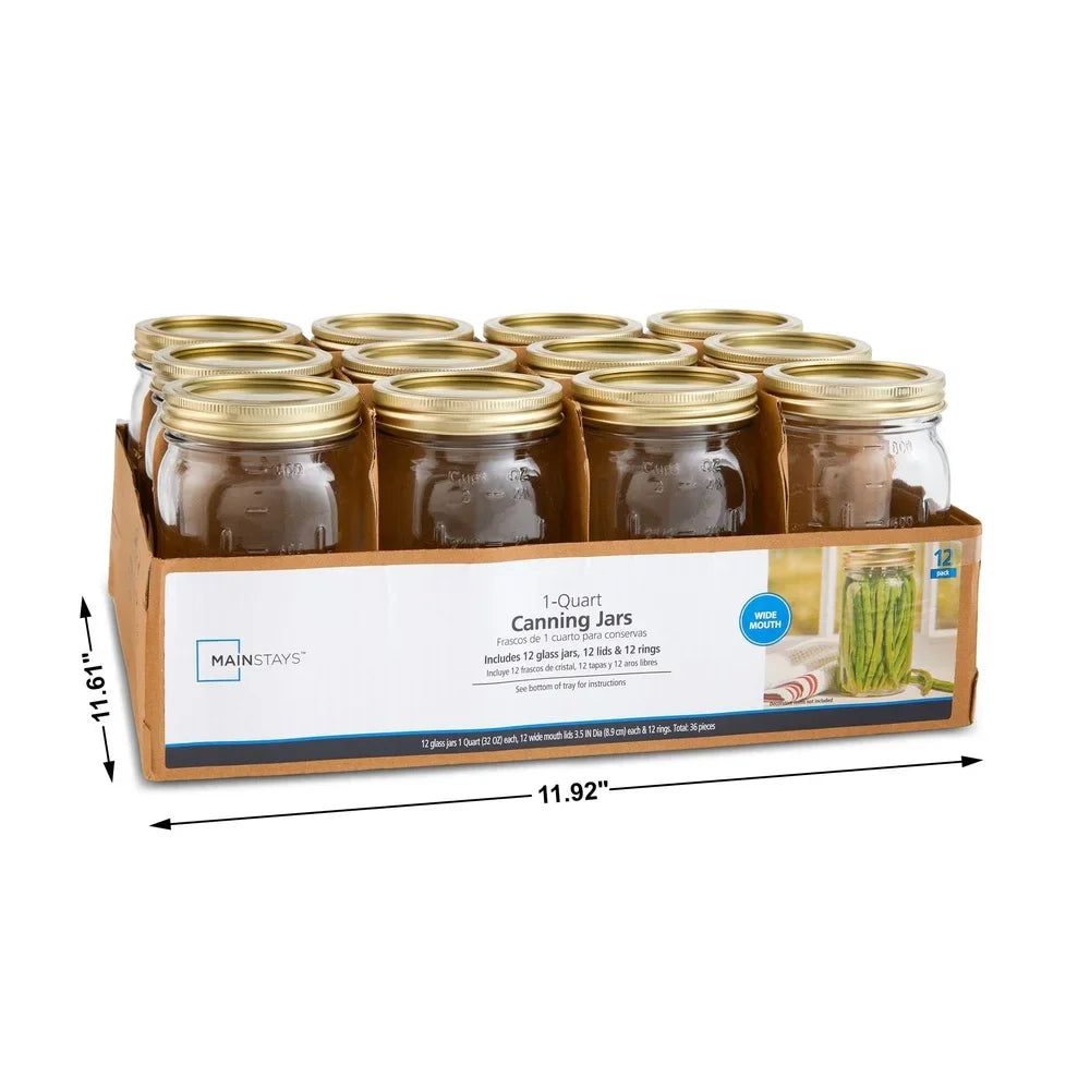 32oz Clear Glass Canning Jars with Airtight Seal Set of 12 Wide Mouth Jars Metal Lids Food Storage Preserving Jams Pickles