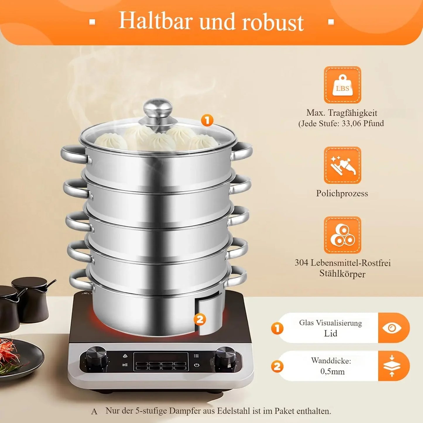 5 Tier Stainless Steel Steamer Cooker Steam Pot Kitchen Food Cooking with Glass Lid