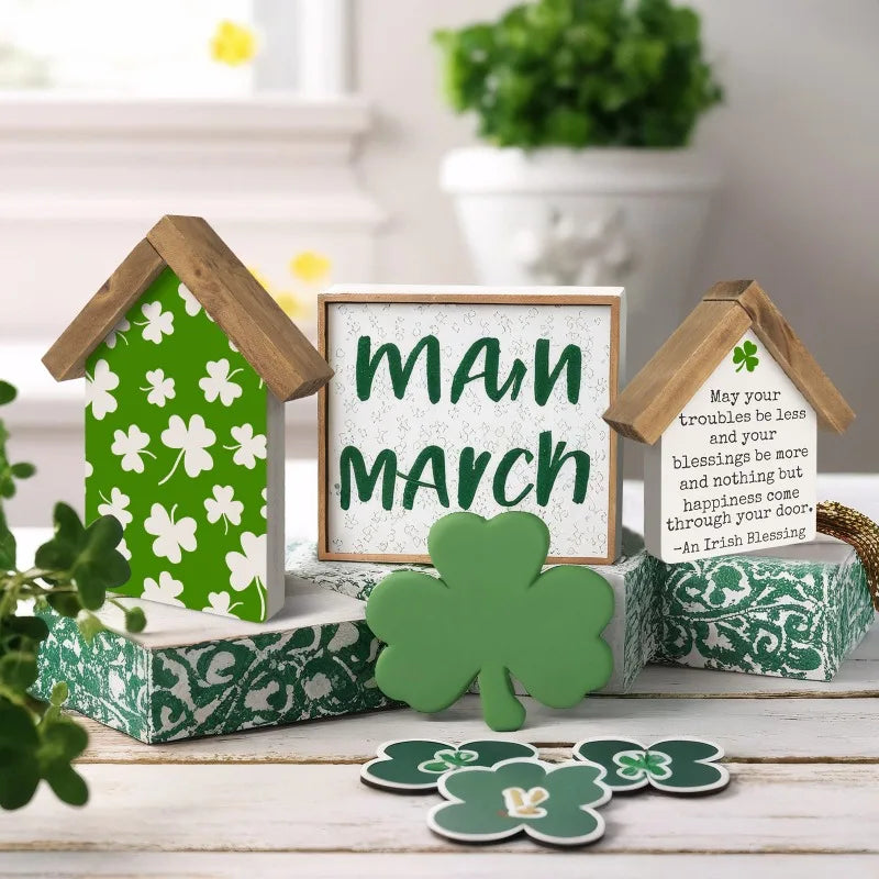St Patricks Day Decorations for Home, Set of 2 Wooden Shamrocks Irish Blessing Sign, Indoor Saint Patricks March Table Shelf