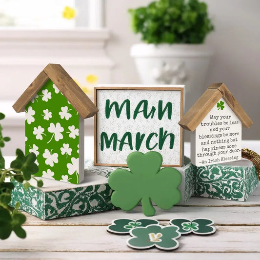 St Patricks Day Decorations for Home, Set of 2 Wooden Shamrocks Irish Blessing Sign, Indoor Saint Patricks March Table Shelf