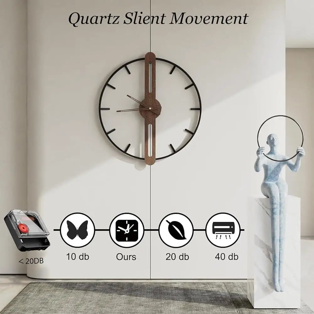 Modern Large Walnut Dial Wall Clock Silent Non Ticking Metal Frame Decorative Clock Living Room Bedroom Kitchen Study
