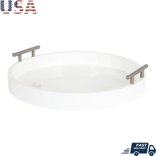 Modern Round Serving Tray Decorative Accent Tray Storage Display with Polished Metal Handles Glossy Finish Protective Pads