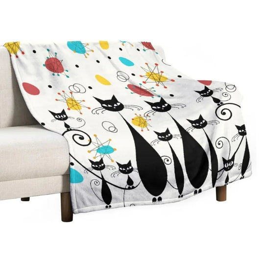 Mid-Century Modern Throw Blanket, Atomic Black Cat Starburst Iconic Satellite Retro Abstract Geometric Throw Blanket