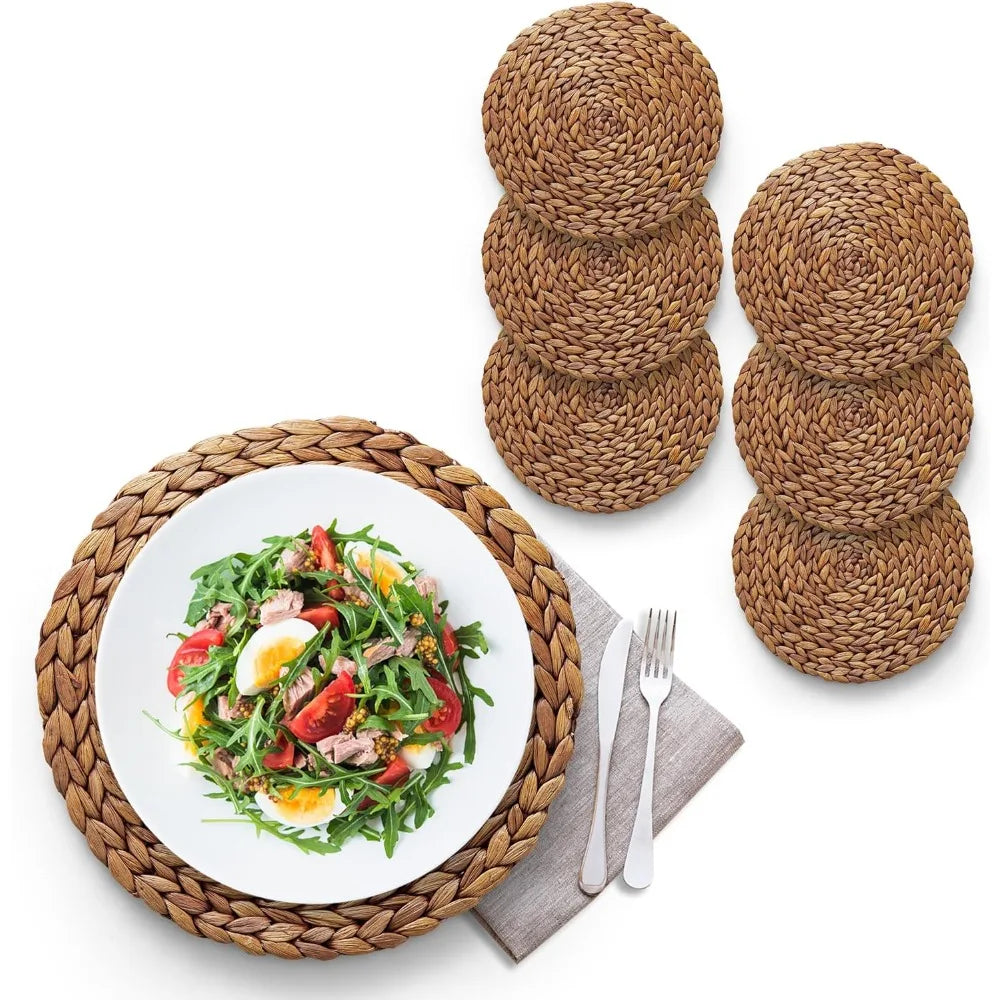 (Sizes:11.8"-13.5''-15")  Round Woven Placemats, 13.5'' Natural Wicker Straw Mats (Pack of 10), Hand-Braided Non-Slip & Heat Res