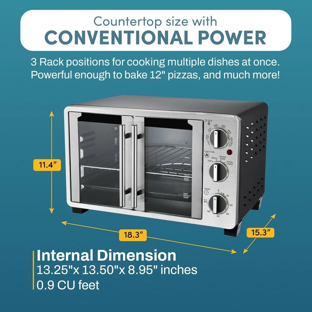 New upgrade-Black Double French Door Countertop Toaster Oven,Bake,Broil,Toast,Keep Warm,Fits 12" pizza, 25L capacity - Authentic