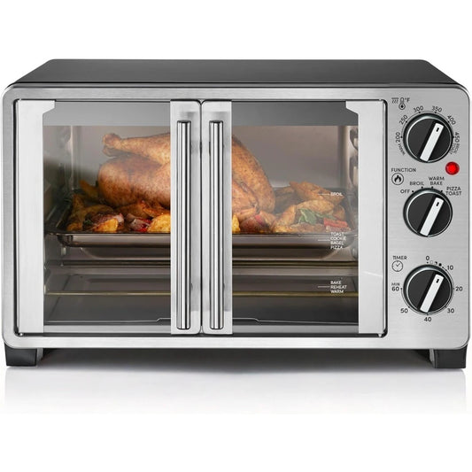 New upgrade-Black Double French Door Countertop Toaster Oven,Bake,Broil,Toast,Keep Warm,Fits 12" pizza, 25L capacity - Authentic