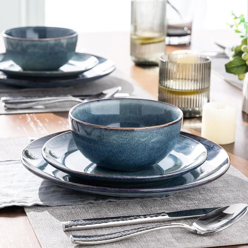 Ceramic Dinnerware Sets For 4, 12 Pieces Handpainted Plates And Bowls Set, Scratch Resistant Stoneware Dishes Set, Dishwasher &
