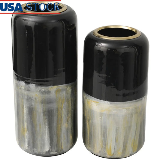 Set of 2 Modern Abstract Colorblock Silver Metal Vases with Paint Streak Designs Gold Accents Indoor Tabletop Decor
