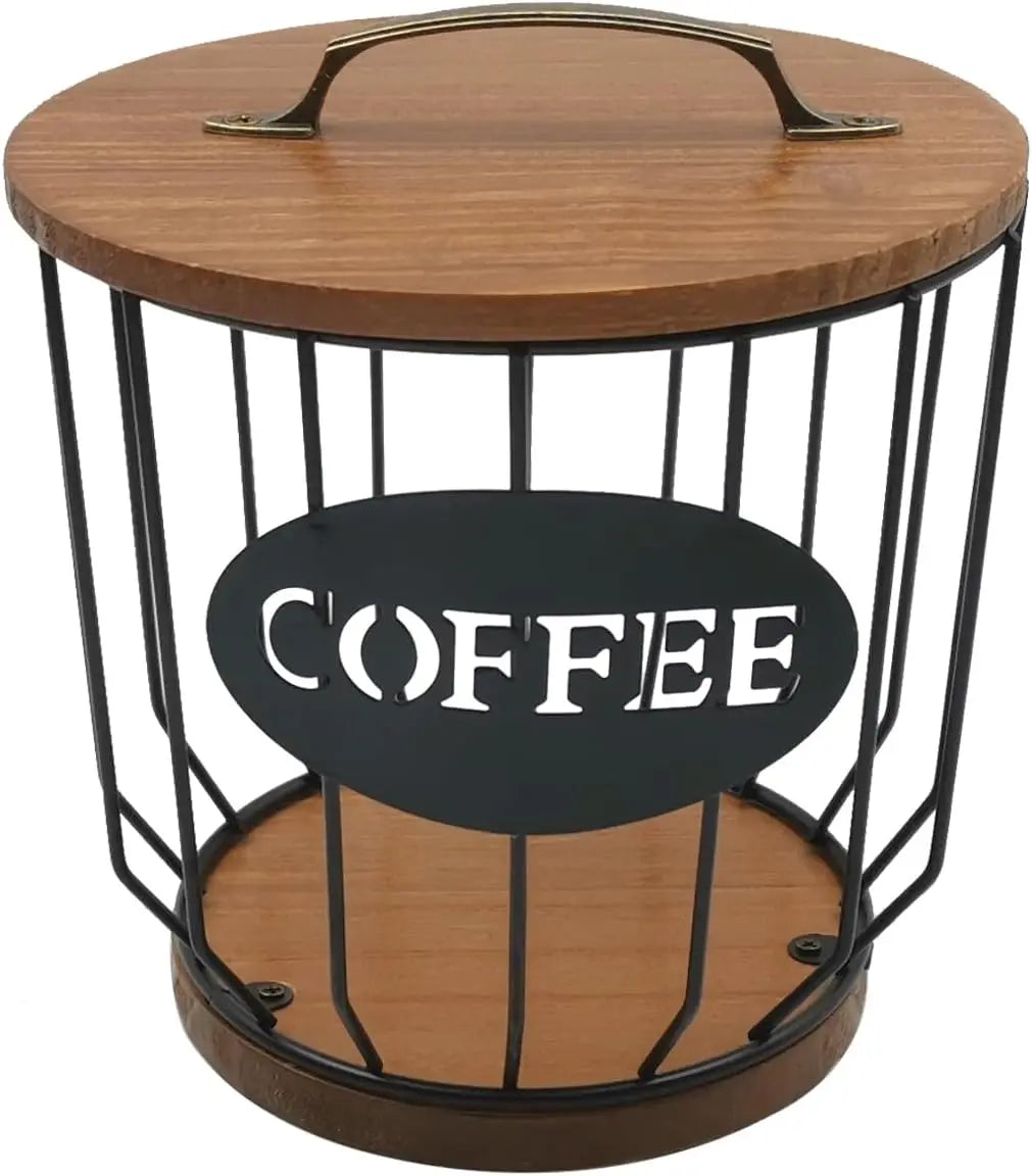 Round Coffee Pods Holder with Wooden Lid and Base Wire Coffee Pods Storage Basket for Home Cafe Bar Countertop Decor(Gold)