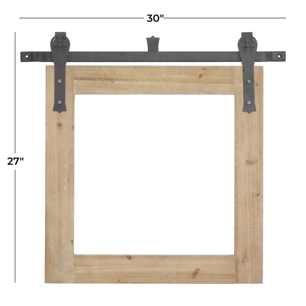 30x27 Wall Mirror with Metal Hanging Rod Indoor Use Reflective Accent Durable Wooden Frame Iron Hardware Farmhouse Style
